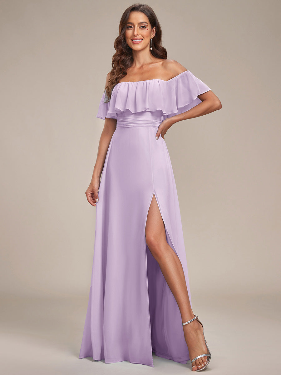 Bodenlanger Offshoulder A-Linie Chiffon Kleid Mit Falten Design Und Oberschenkel Hohem Schlitz #Farbe_Mattflieder