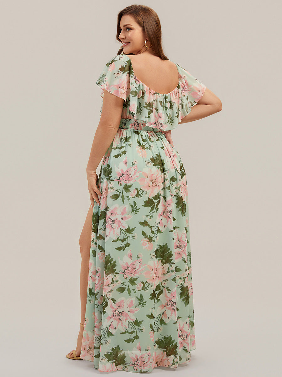 Bodenlanger Offshoulder A-Linie Chiffon Kleid Mit Falten Design Und Oberschenkel Hohem Schlitz #Farbe_Grüne Blüten