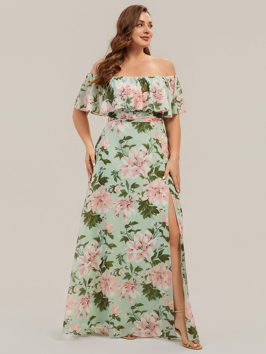 Bodenlanger Offshoulder A-Linie Chiffon Kleid Mit Falten Design Und Oberschenkel Hohem Schlitz #Farbe_Grüne Blüten