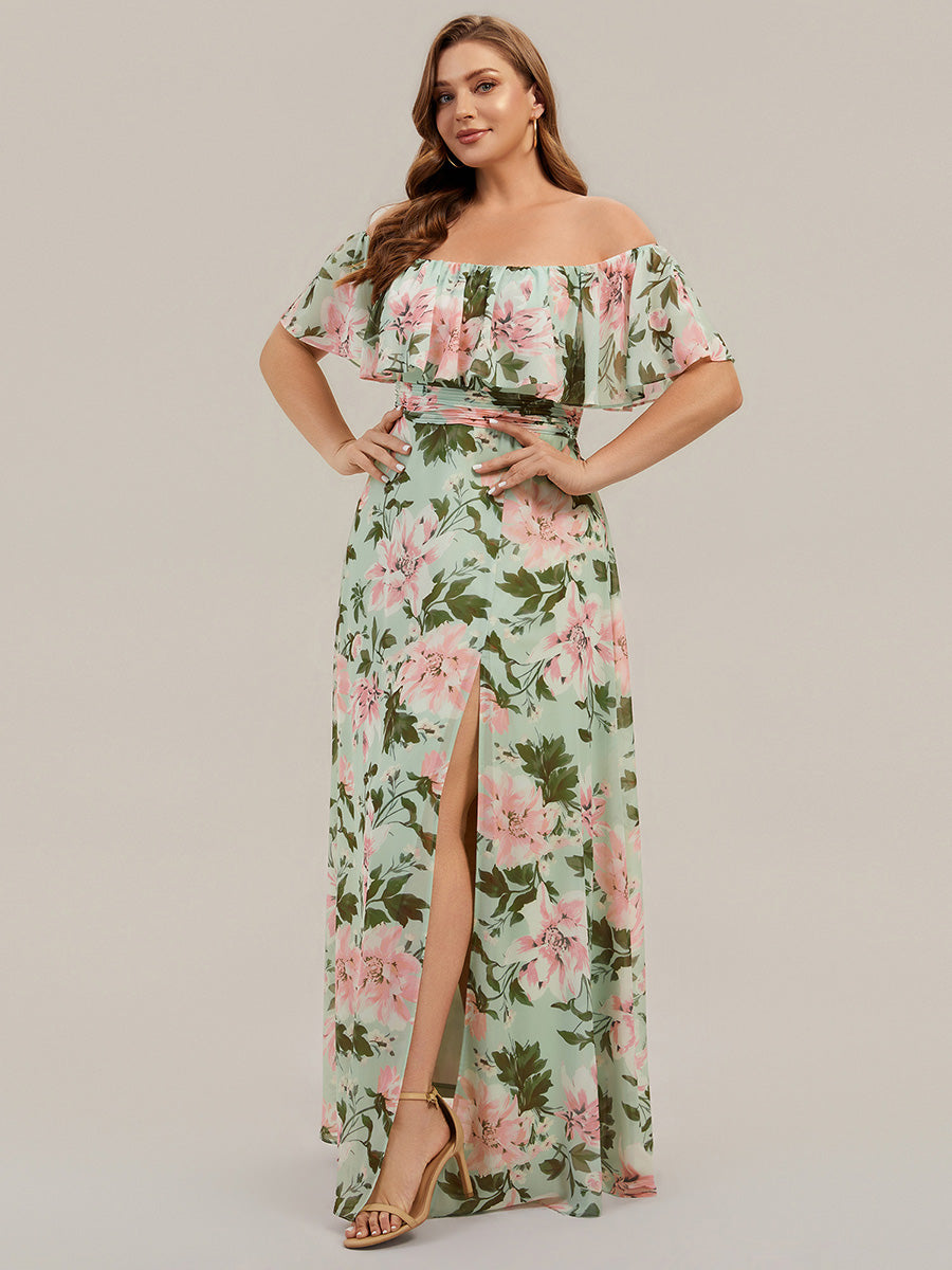 Bodenlanger Offshoulder A-Linie Chiffon Kleid Mit Falten Design Und Oberschenkel Hohem Schlitz #Farbe_Grüne Blüten