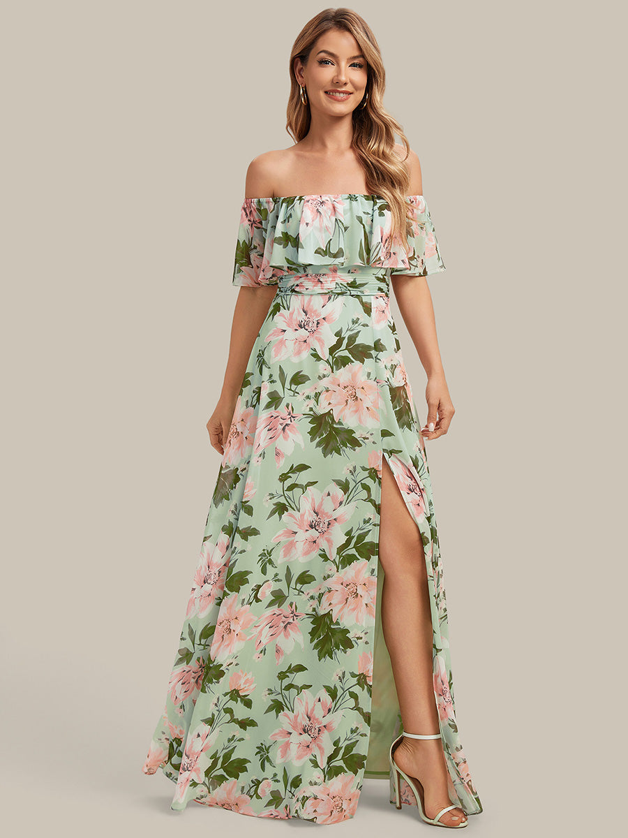 Bodenlanger Offshoulder A-Linie Chiffon Kleid Mit Falten Design Und Oberschenkel Hohem Schlitz #Farbe_Grüne Blüten