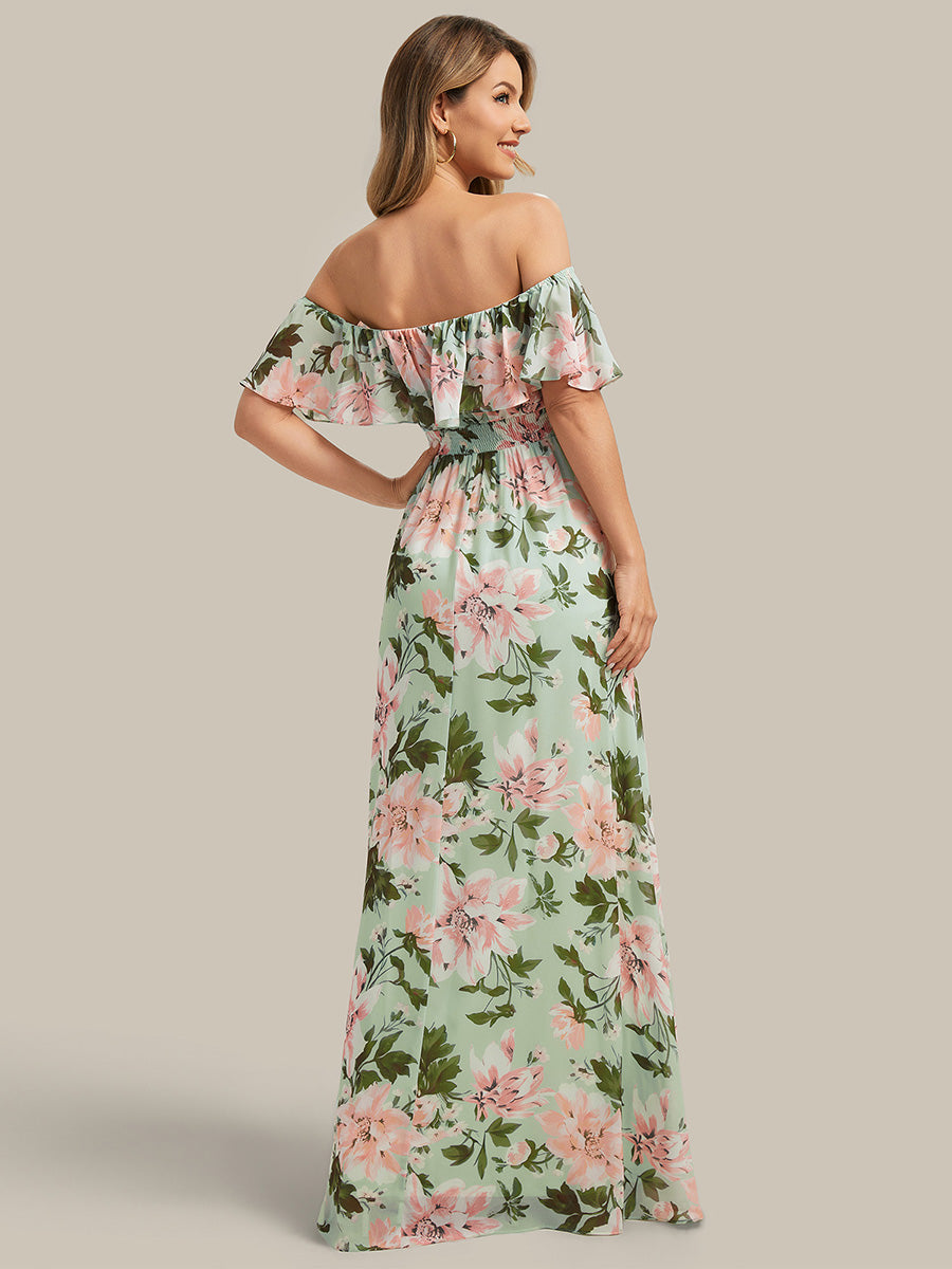 Bodenlanger Offshoulder A-Linie Chiffon Kleid Mit Falten Design Und Oberschenkel Hohem Schlitz #Farbe_Grüne Blüten