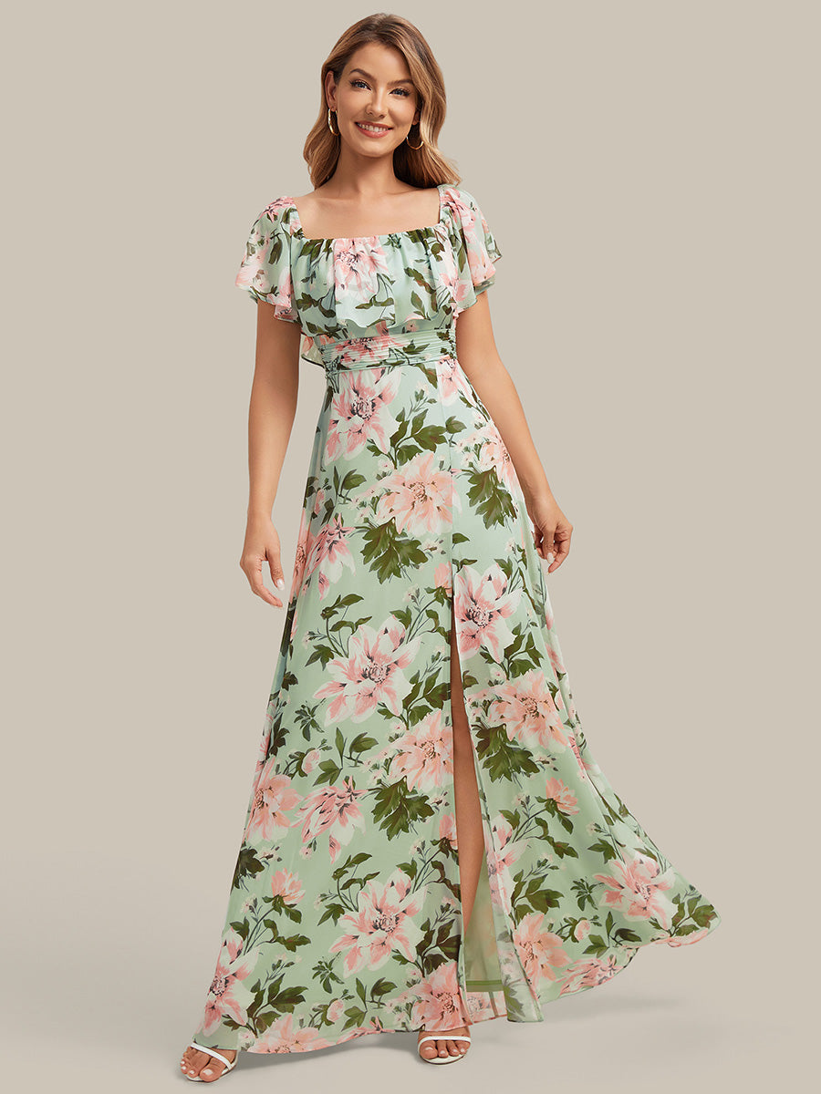 Bodenlanger Offshoulder A-Linie Chiffon Kleid Mit Falten Design Und Oberschenkel Hohem Schlitz #Farbe_Grüne Blüten