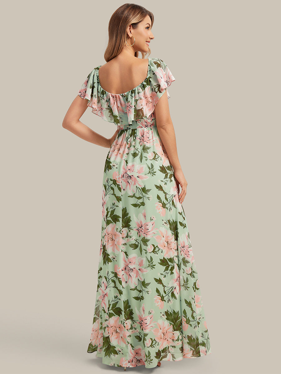 Bodenlanger Offshoulder A-Linie Chiffon Kleid Mit Falten Design Und Oberschenkel Hohem Schlitz #Farbe_Grüne Blüten