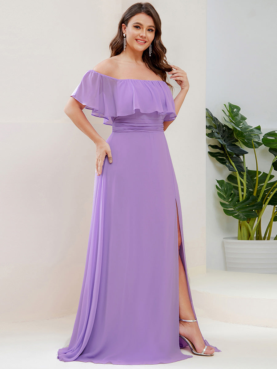 Bodenlanger Offshoulder A-Linie Chiffon Kleid Mit Falten Design Und Oberschenkel Hohem Schlitz #Farbe_Lavendel