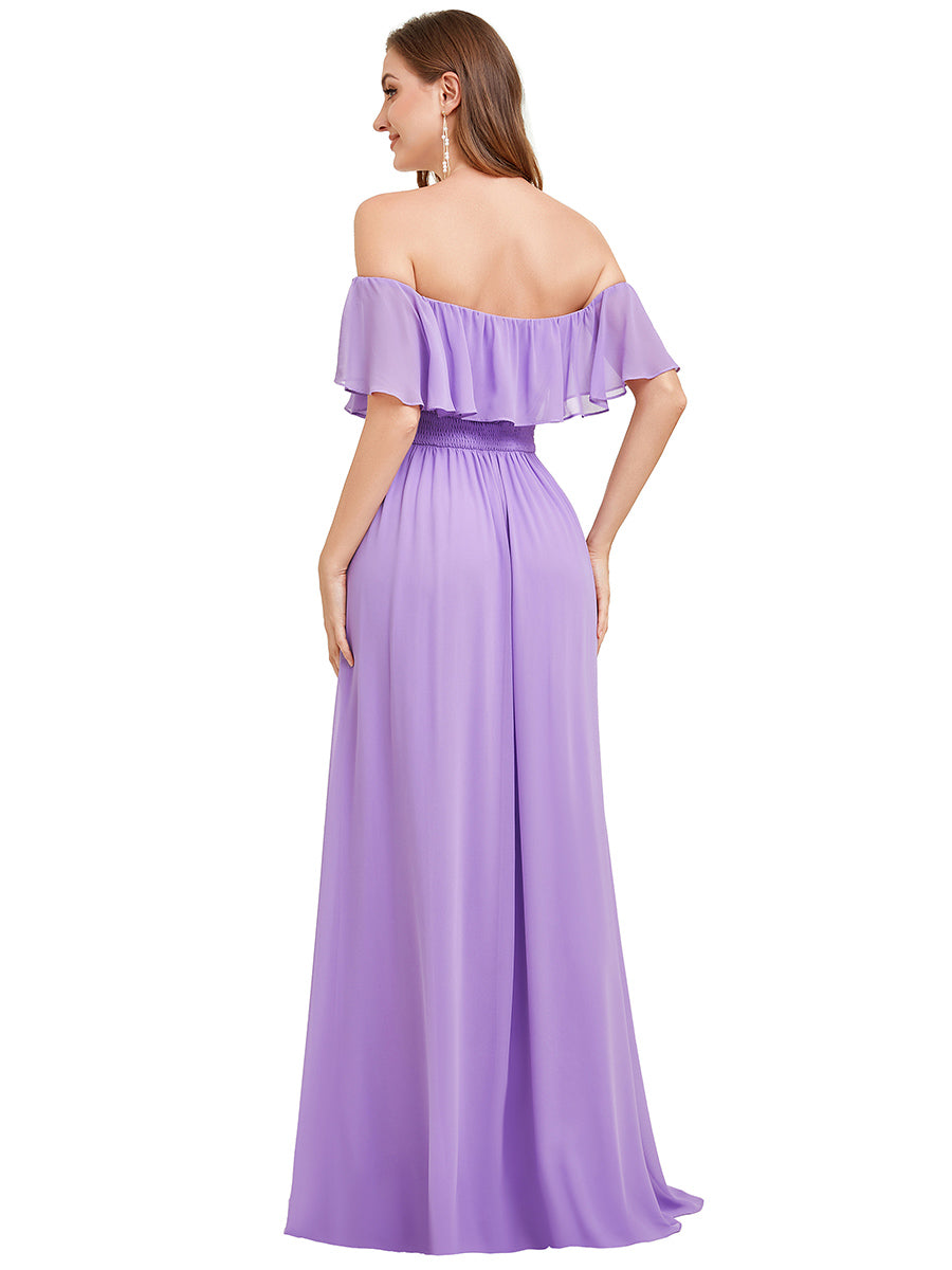 Bodenlanger Offshoulder A-Linie Chiffon Kleid Mit Falten Design Und Oberschenkel Hohem Schlitz #Farbe_Lavendel
