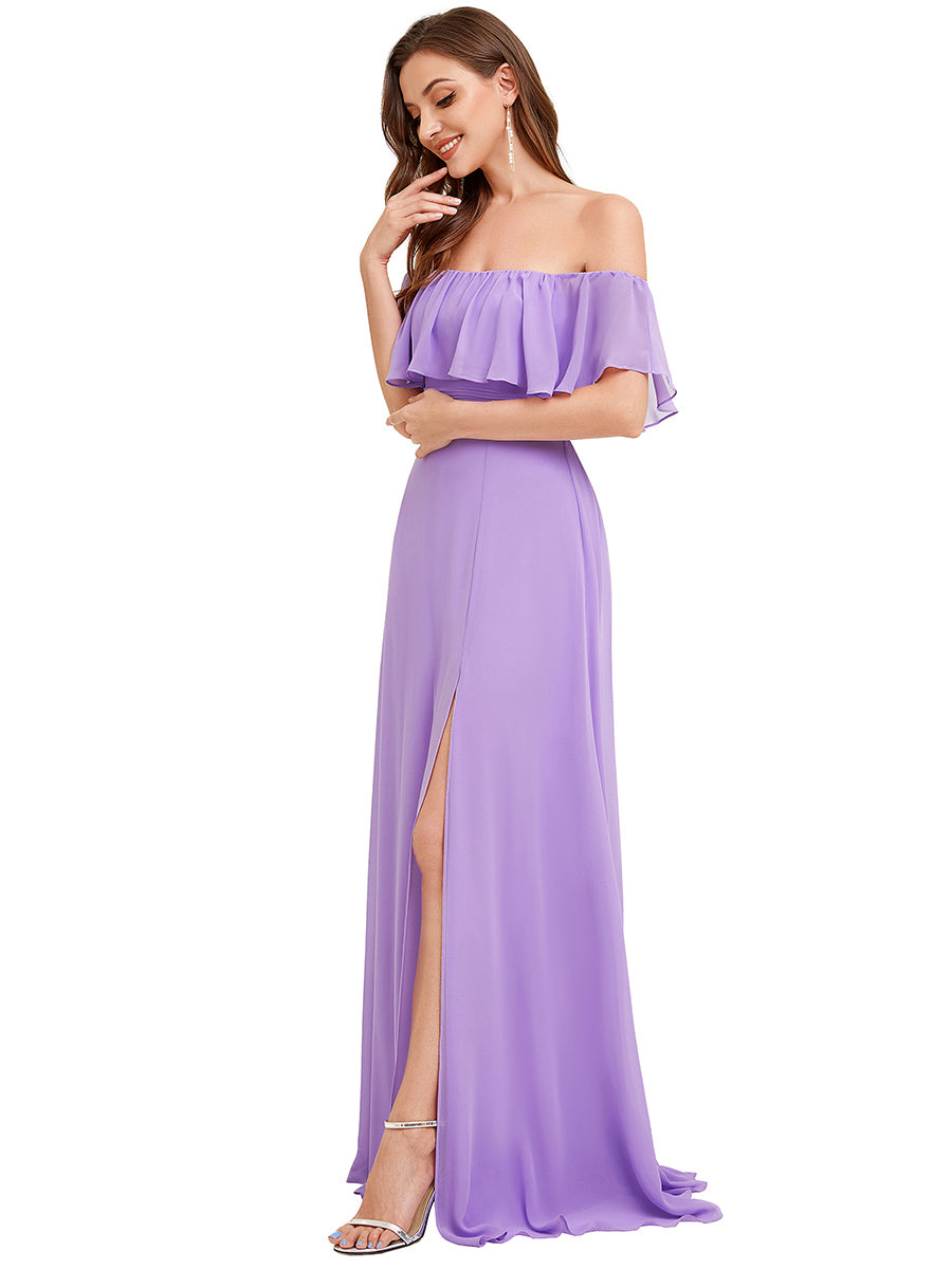 Bodenlanger Offshoulder A-Linie Chiffon Kleid Mit Falten Design Und Oberschenkel Hohem Schlitz #Farbe_Lavendel