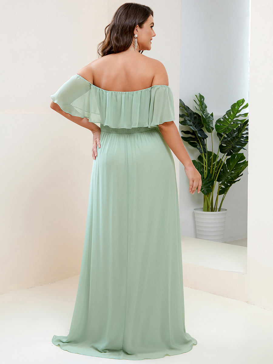 Bodenlanger Offshoulder A-Linie Chiffon Kleid Mit Falten Design Und Oberschenkel Hohem Schlitz #Farbe_Mintgrün