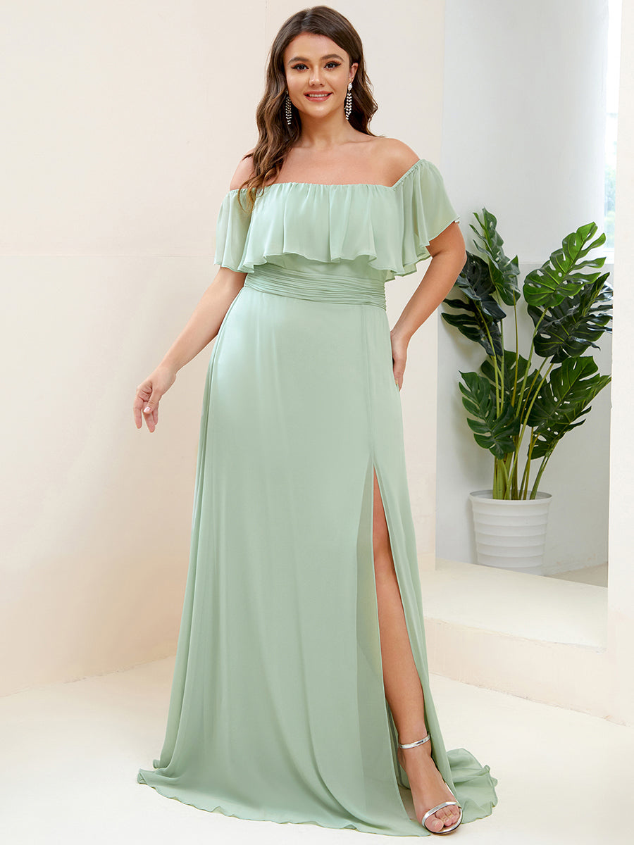 Bodenlanger Offshoulder A-Linie Chiffon Kleid Mit Falten Design Und Oberschenkel Hohem Schlitz #Farbe_Mintgrün