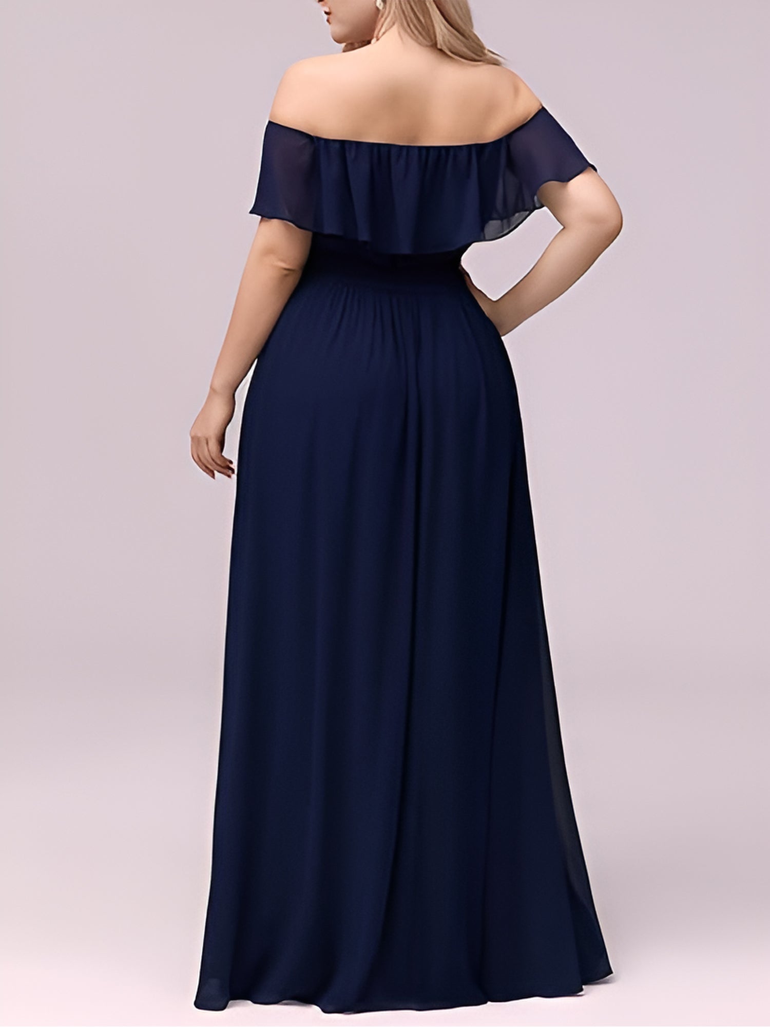 Bodenlanger Offshoulder A-Linie Chiffon Kleid Mit Falten Design Und Oberschenkel Hohem Schlitz #Farbe_Marineblau
