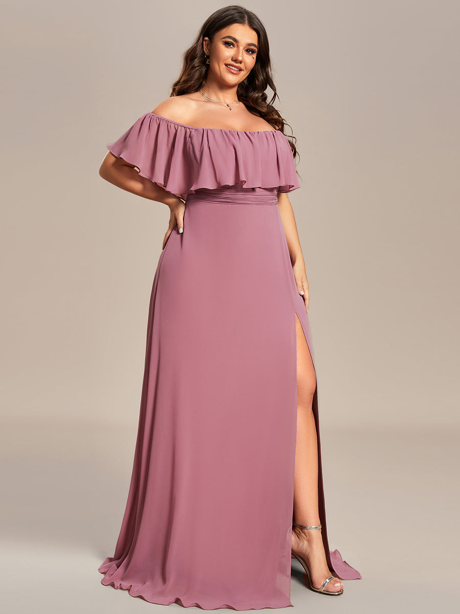 Bodenlanger Offshoulder A-Linie Chiffon Kleid Mit Falten Design Und Oberschenkel Hohem Schlitz #Farbe_Orchideenviolett