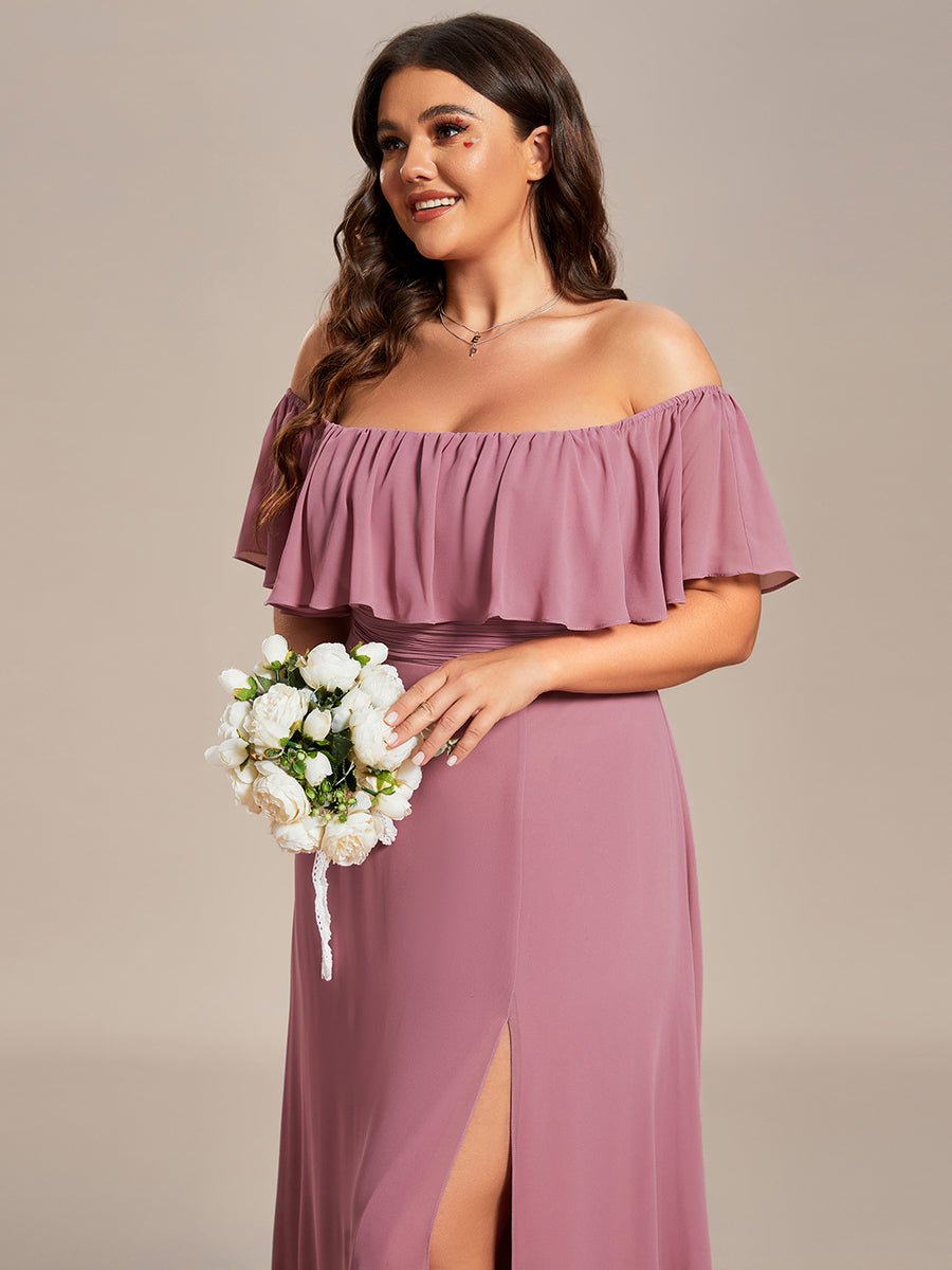 Bodenlanger Offshoulder A-Linie Chiffon Kleid Mit Falten Design Und Oberschenkel Hohem Schlitz #Farbe_Orchideenviolett