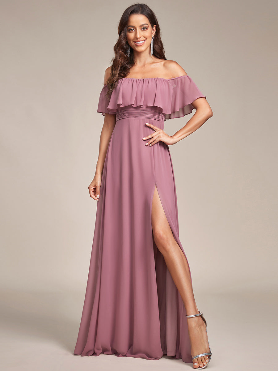 Bodenlanger Offshoulder A-Linie Chiffon Kleid Mit Falten Design Und Oberschenkel Hohem Schlitz #Farbe_Orchideenviolett
