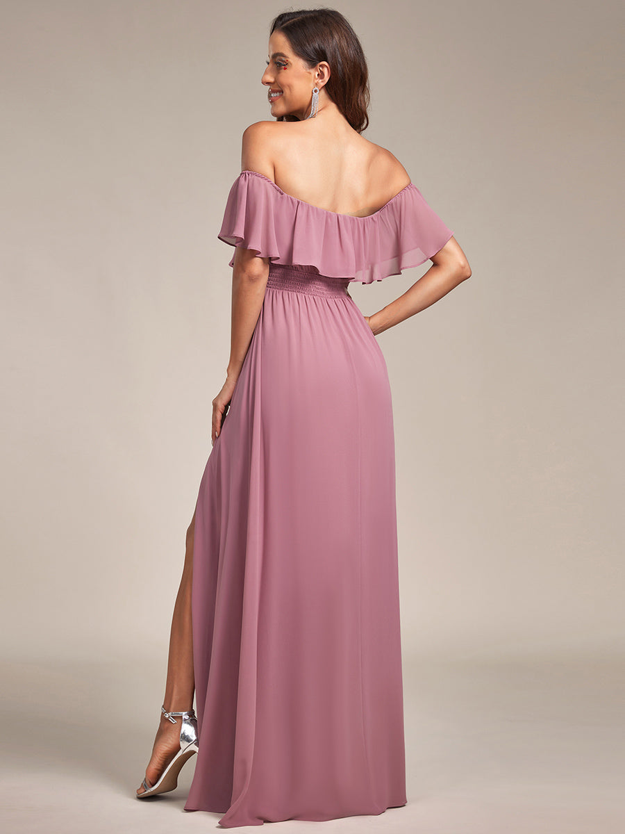 Bodenlanger Offshoulder A-Linie Chiffon Kleid Mit Falten Design Und Oberschenkel Hohem Schlitz #Farbe_Orchideenviolett