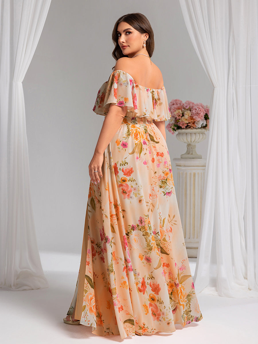 Bodenlanger Offshoulder A-Linie Chiffon Kleid Mit Falten Design Und Oberschenkel Hohem Schlitz #Farbe_Peach Fuzz