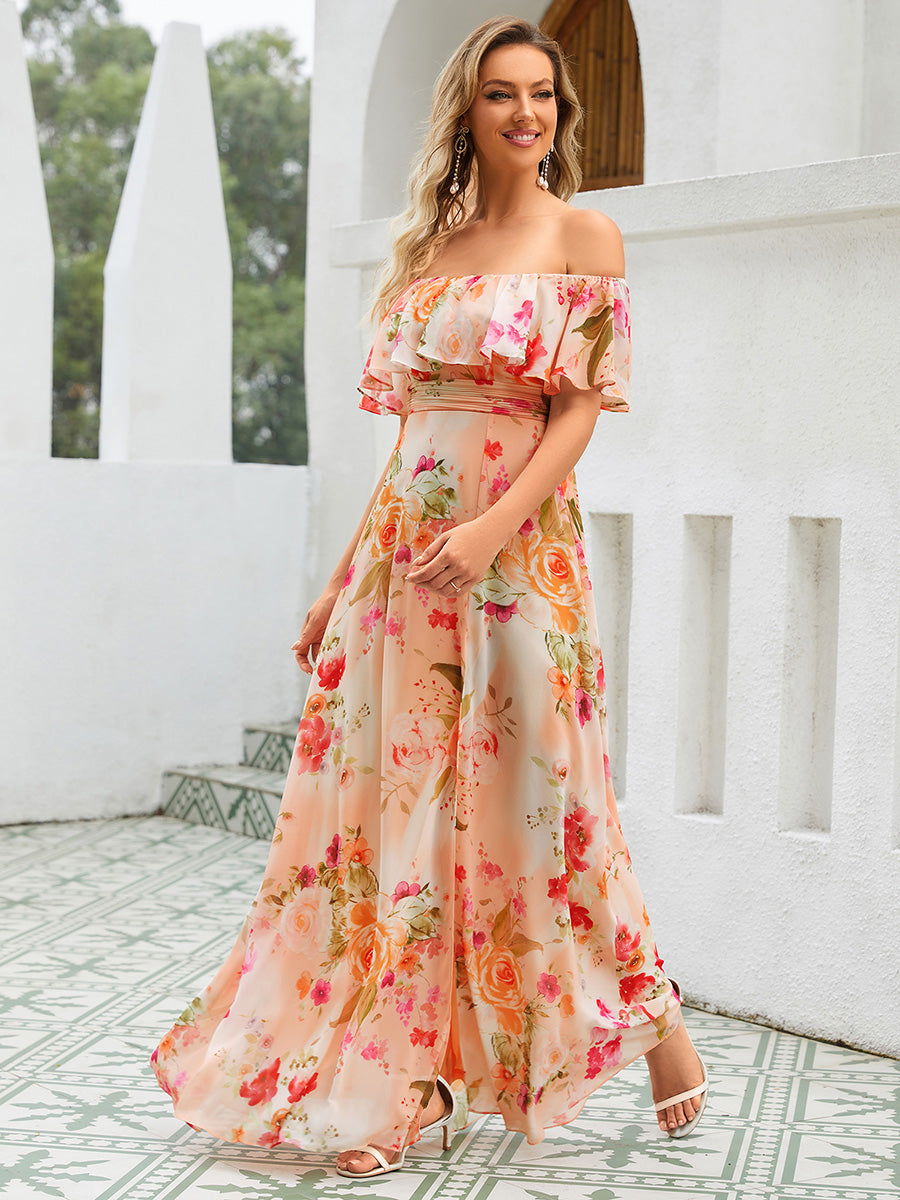 Bodenlanger Offshoulder A-Linie Chiffon Kleid Mit Falten Design Und Oberschenkel Hohem Schlitz #Farbe_Peach Fuzz