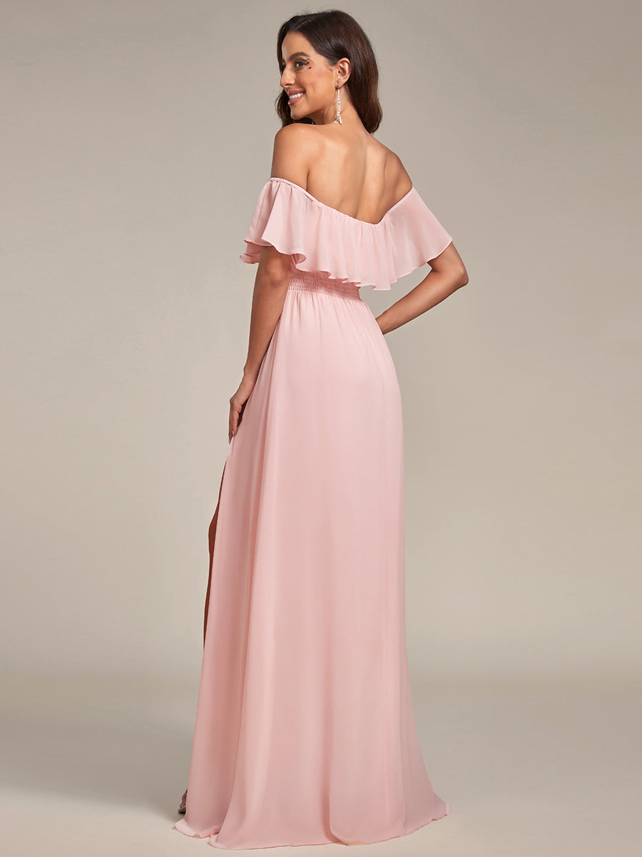 Bodenlanger Offshoulder A-Linie Chiffon Kleid Mit Falten Design Und Oberschenkel Hohem Schlitz #Farbe_Rosa