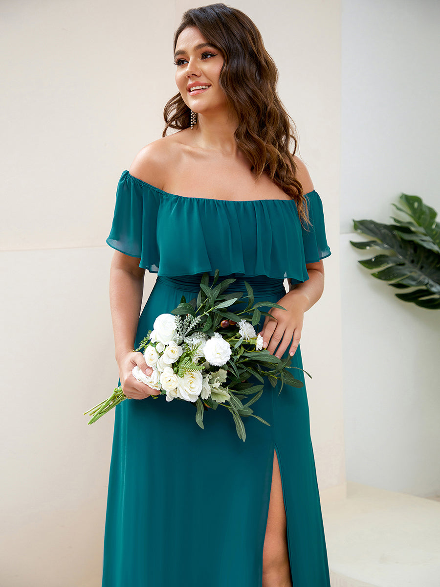 Bodenlanger Offshoulder A-Linie Chiffon Kleid Mit Falten Design Und Oberschenkel Hohem Schlitz #Farbe_Petrol