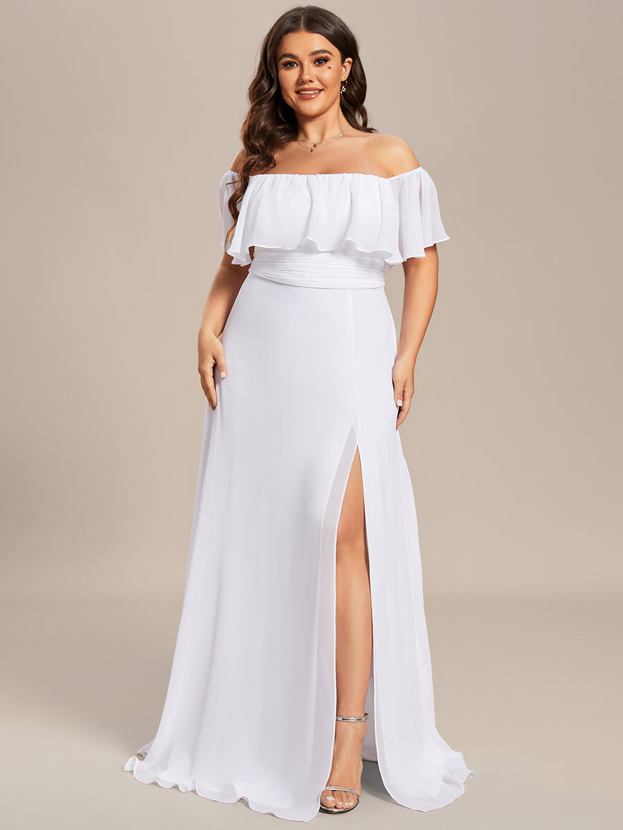 Bodenlanger Offshoulder A-Linie Chiffon Kleid Mit Falten Design Und Oberschenkel Hohem Schlitz #Farbe_Weiß