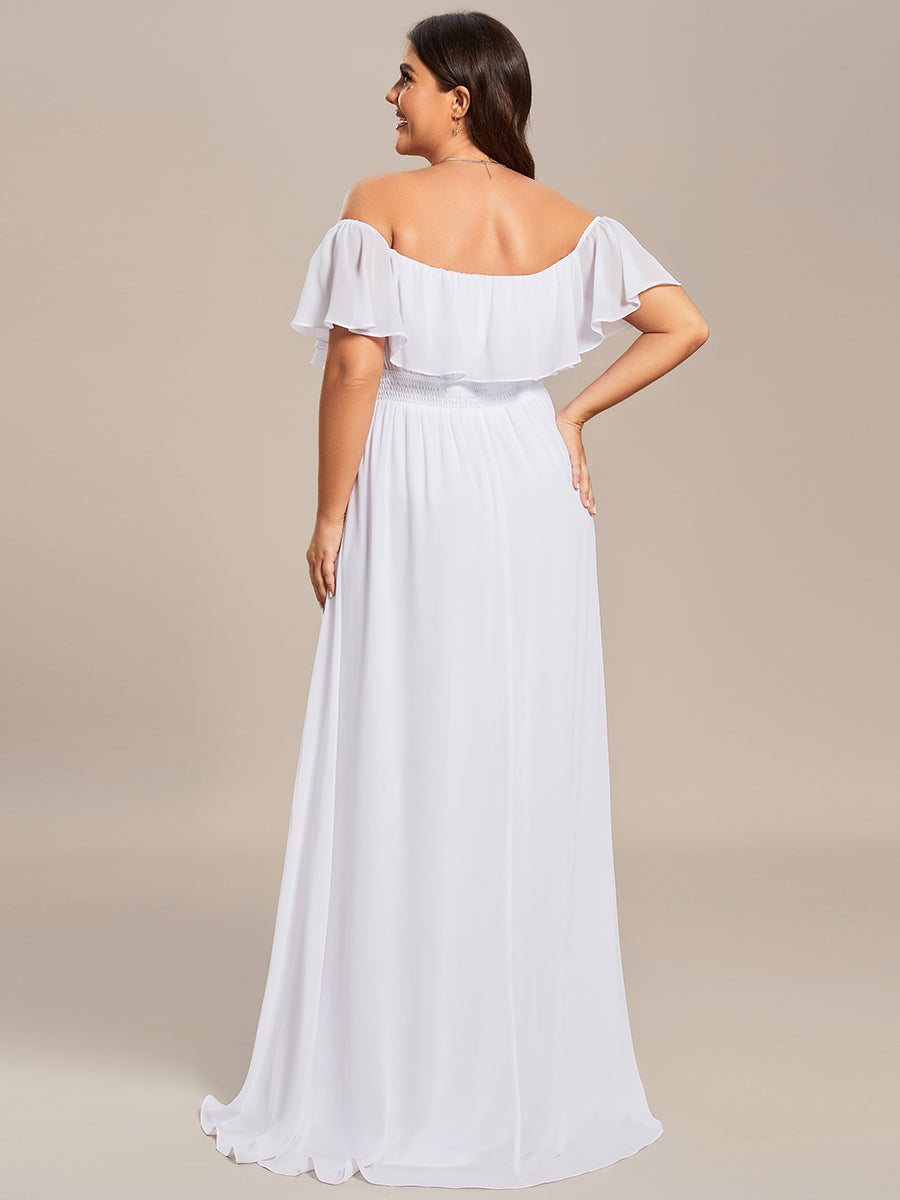 Bodenlanger Offshoulder A-Linie Chiffon Kleid Mit Falten Design Und Oberschenkel Hohem Schlitz #Farbe_Weiß