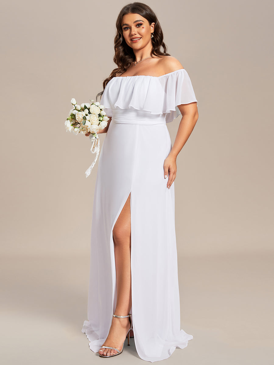 Bodenlanger Offshoulder A-Linie Chiffon Kleid Mit Falten Design Und Oberschenkel Hohem Schlitz #Farbe_Weiß