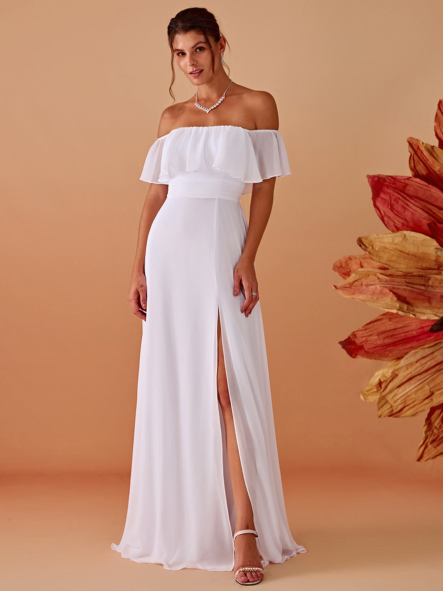 Bodenlanger Offshoulder A-Linie Chiffon Kleid Mit Falten Design Und Oberschenkel Hohem Schlitz #Farbe_Weiß