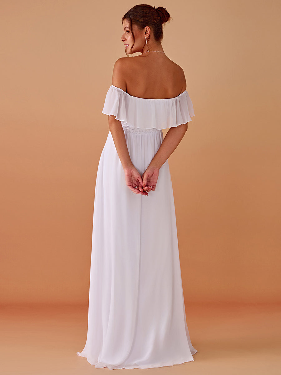 Bodenlanger Offshoulder A-Linie Chiffon Kleid Mit Falten Design Und Oberschenkel Hohem Schlitz #Farbe_Weiß