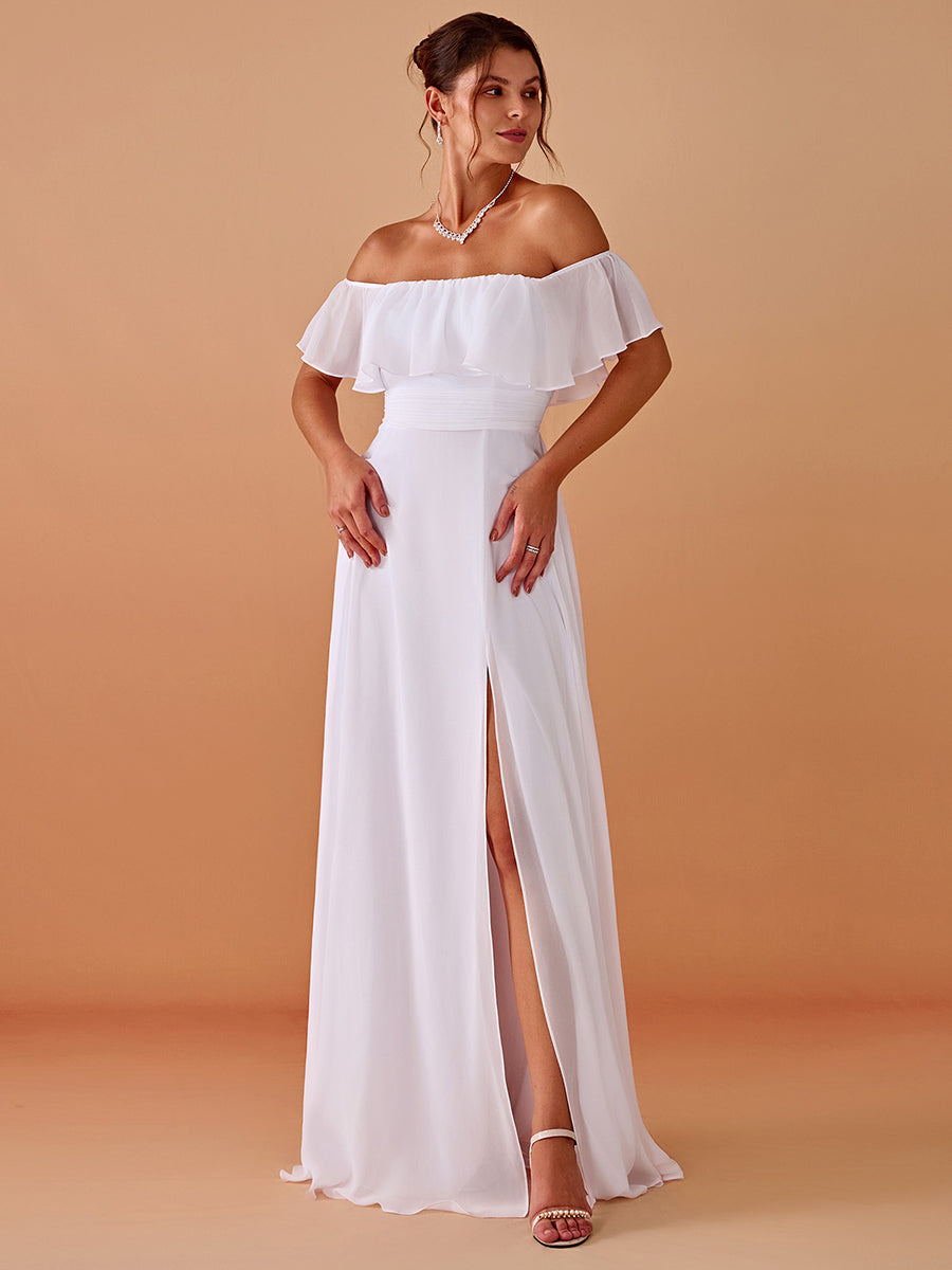 Bodenlanger Offshoulder A-Linie Chiffon Kleid Mit Falten Design Und Oberschenkel Hohem Schlitz #Farbe_Weiß