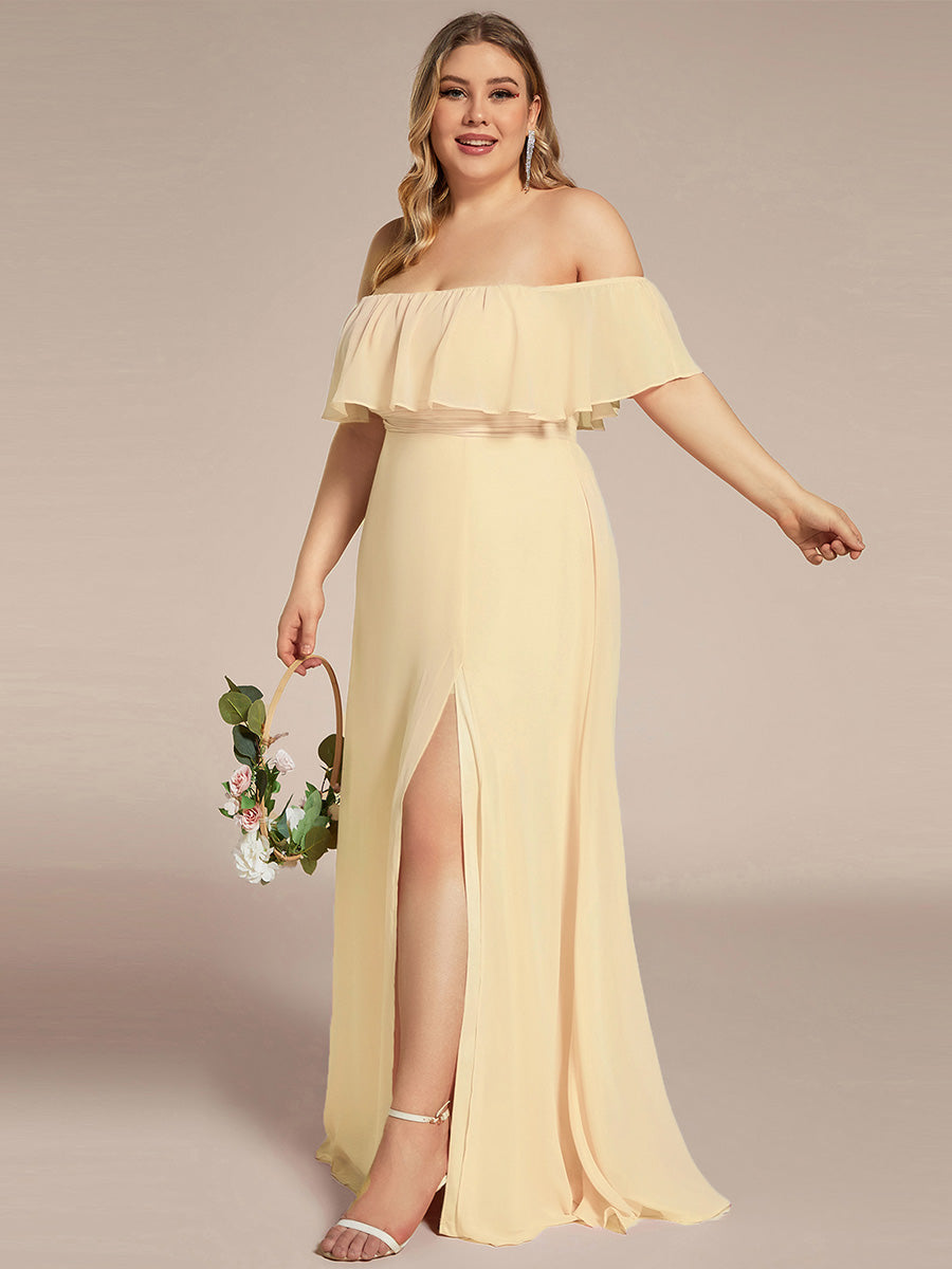 Bodenlanger Offshoulder A-Linie Chiffon Kleid Mit Falten Design Und Oberschenkel Hohem Schlitz #Farbe_Gelb