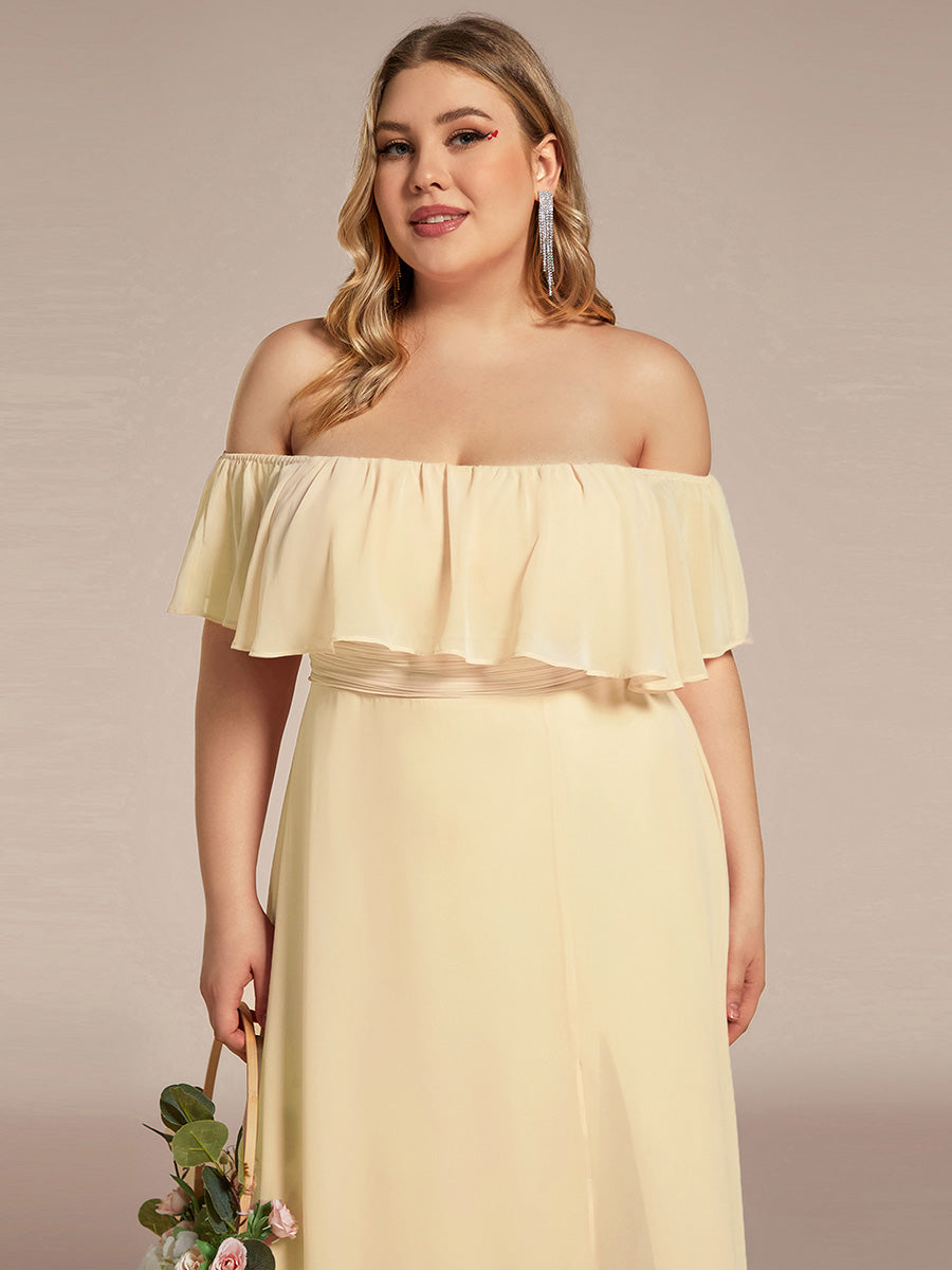 Bodenlanger Offshoulder A-Linie Chiffon Kleid Mit Falten Design Und Oberschenkel Hohem Schlitz #Farbe_Gelb