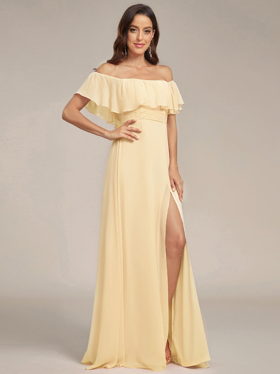 Bodenlanger Offshoulder A-Linie Chiffon Kleid Mit Falten Design Und Oberschenkel Hohem Schlitz #Farbe_Gelb