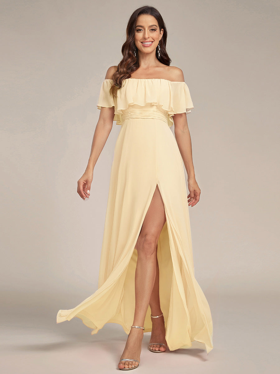 Bodenlanger Offshoulder A-Linie Chiffon Kleid Mit Falten Design Und Oberschenkel Hohem Schlitz #Farbe_Gelb