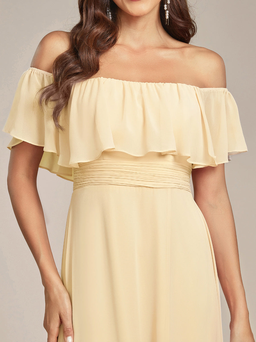 Bodenlanger Offshoulder A-Linie Chiffon Kleid Mit Falten Design Und Oberschenkel Hohem Schlitz #Farbe_Gelb