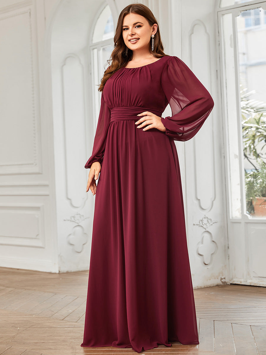 Rundhals Bodenlaenge Langarm Brautjungfernkleider #farbe_Burgunderrot