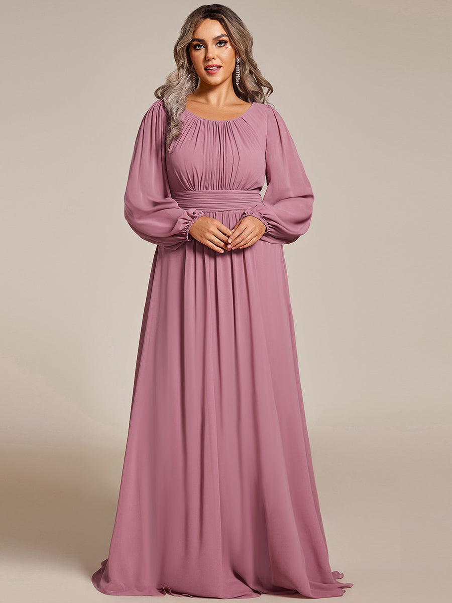 Rundhals Bodenlaenge Langarm Brautjungfernkleider #farbe_Orchideenviolett
