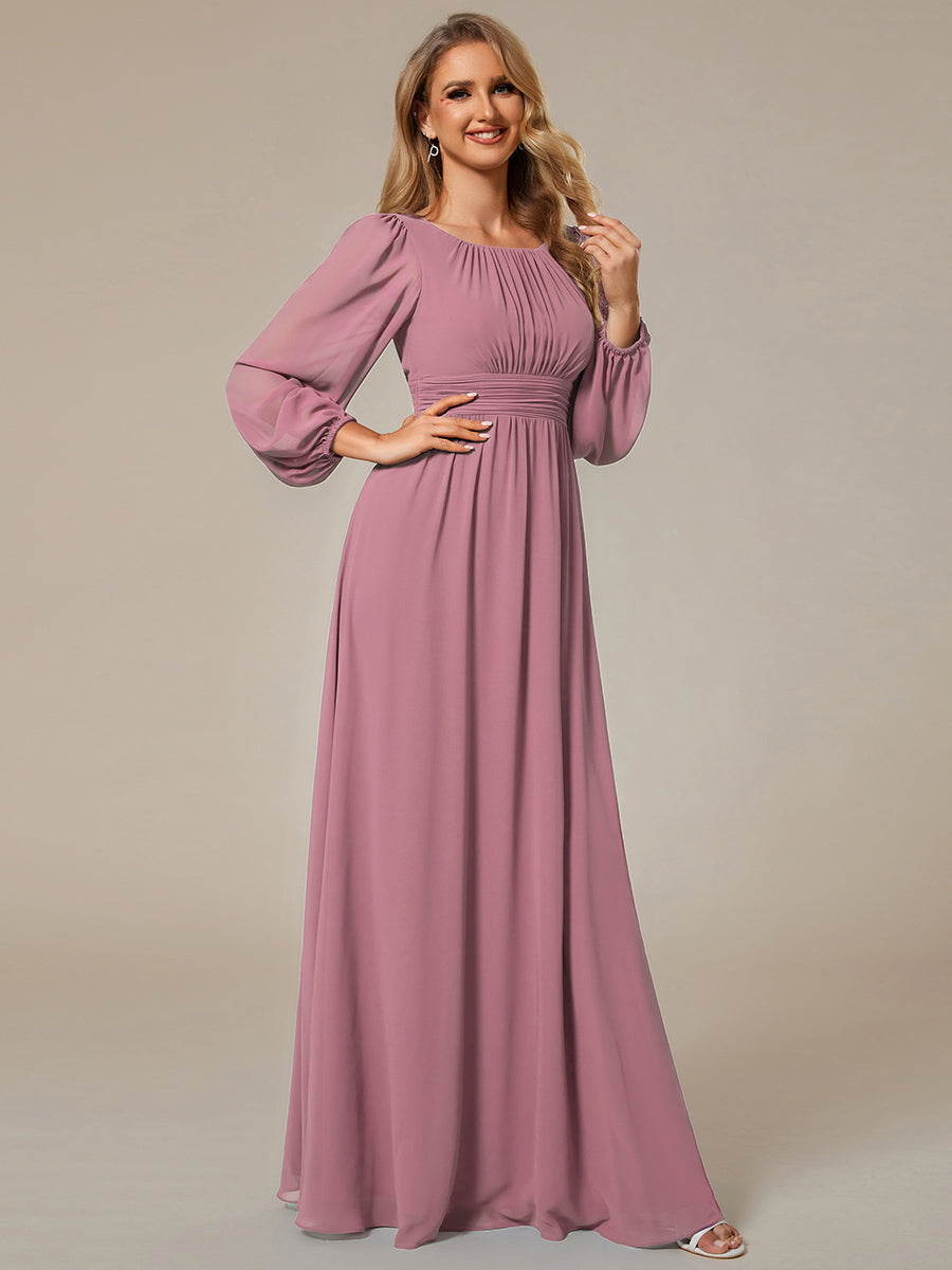 Rundhals Bodenlaenge Langarm Brautjungfernkleider #farbe_Orchideenviolett