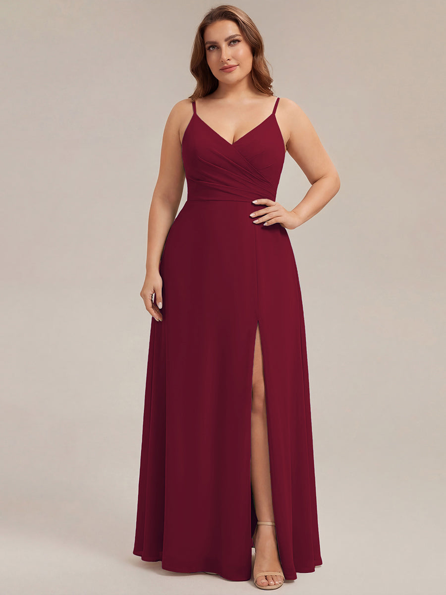 Bodenlanger V-Ausschnitt A-Linie Chiffonkleid Mit Tiefem V-Ausschnitt Und Gerafften Details Kleid #Farbe_Burgunderrot