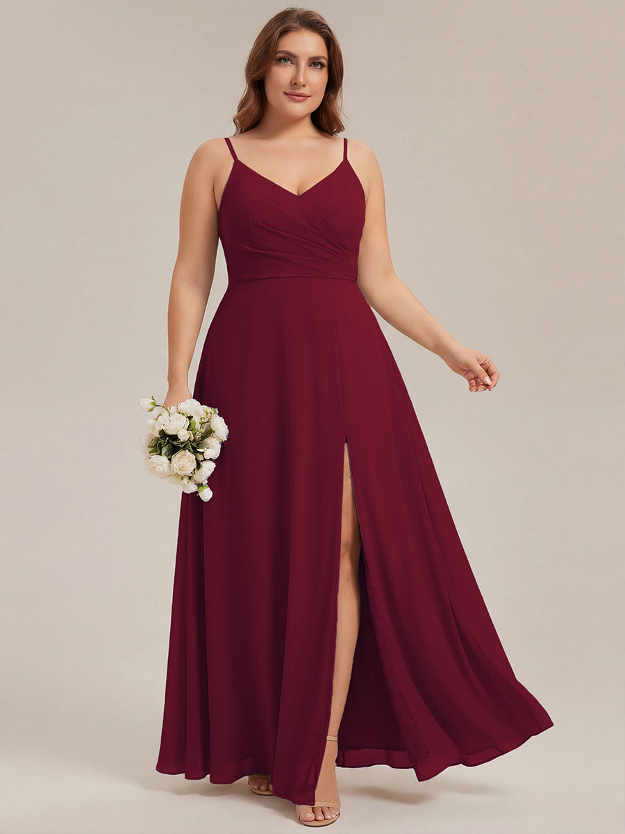 Bodenlanger V-Ausschnitt A-Linie Chiffonkleid Mit Tiefem V-Ausschnitt Und Gerafften Details Kleid #Farbe_Burgunderrot