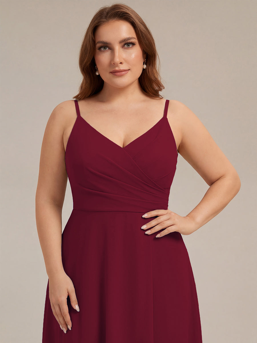 Bodenlanger V-Ausschnitt A-Linie Chiffonkleid Mit Tiefem V-Ausschnitt Und Gerafften Details Kleid #Farbe_Burgunderrot