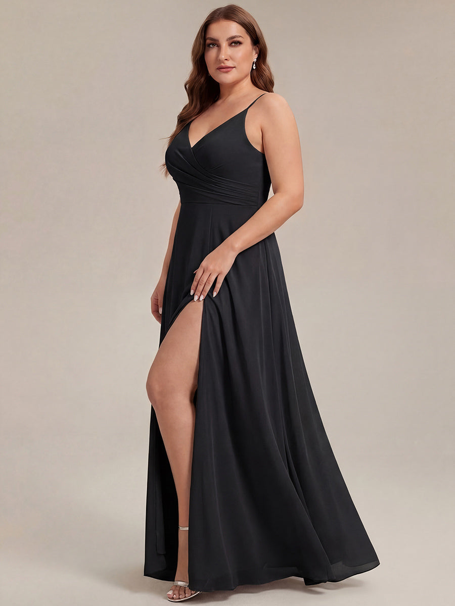 Bodenlanger V-Ausschnitt A-Linie Chiffonkleid Mit Tiefem V-Ausschnitt Und Gerafften Details Kleid #Farbe_Schwarz