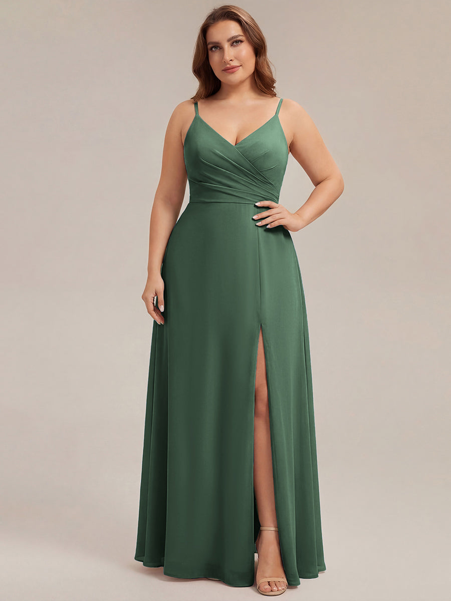 Bodenlanger V-Ausschnitt A-Linie Chiffonkleid Mit Tiefem V-Ausschnitt Und Gerafften Details Kleid #Farbe_Eukalyptus