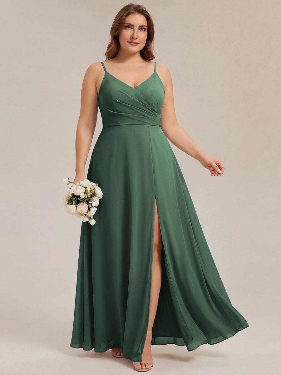 Bodenlanger V-Ausschnitt A-Linie Chiffonkleid Mit Tiefem V-Ausschnitt Und Gerafften Details Kleid #Farbe_Eukalyptus