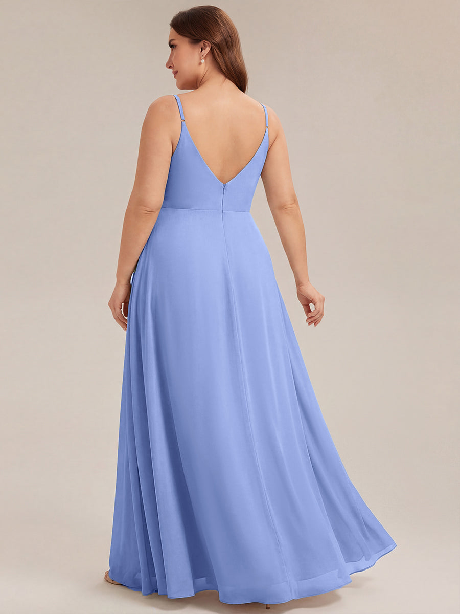 Bodenlanger V-Ausschnitt A-Linie Chiffonkleid Mit Tiefem V-Ausschnitt Und Gerafften Details Kleid #Farbe_Kornblumenblau
