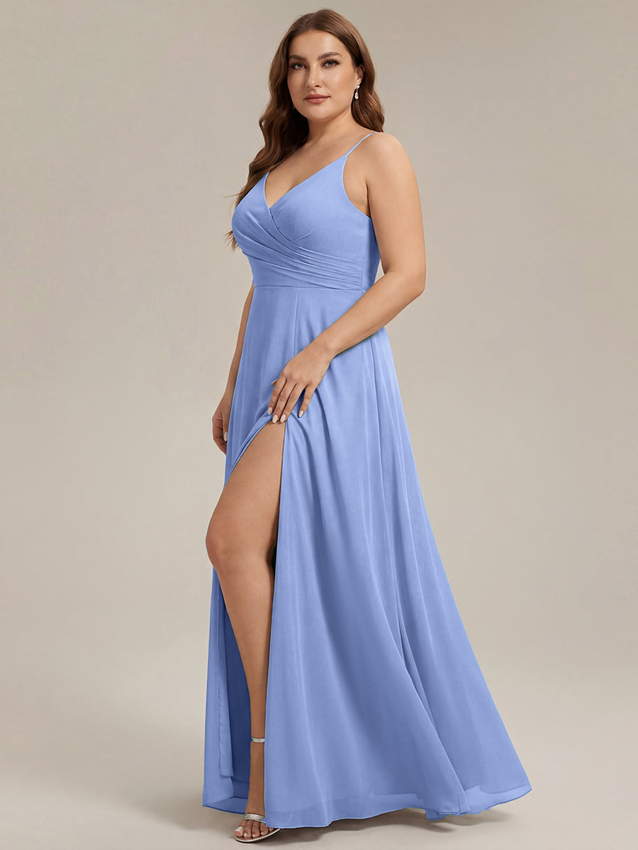 Bodenlanger V-Ausschnitt A-Linie Chiffonkleid Mit Tiefem V-Ausschnitt Und Gerafften Details Kleid #Farbe_Kornblumenblau