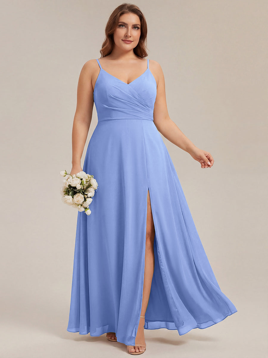 Bodenlanger V-Ausschnitt A-Linie Chiffonkleid Mit Tiefem V-Ausschnitt Und Gerafften Details Kleid #Farbe_Kornblumenblau