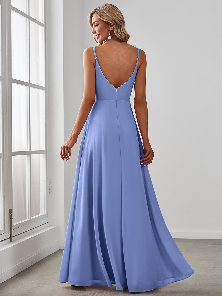 Bodenlanger V-Ausschnitt A-Linie Chiffonkleid Mit Tiefem V-Ausschnitt Und Gerafften Details Kleid #Farbe_Kornblumenblau