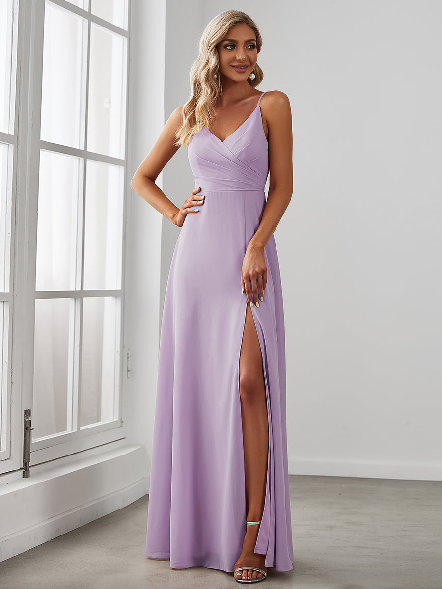 Bodenlanger V-Ausschnitt A-Linie Chiffonkleid Mit Tiefem V-Ausschnitt Und Gerafften Details Kleid #Farbe_Mattflieder