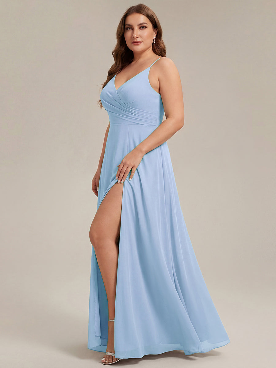 Bodenlanger V-Ausschnitt A-Linie Chiffonkleid Mit Tiefem V-Ausschnitt Und Gerafften Details Kleid #Farbe_Eisblau