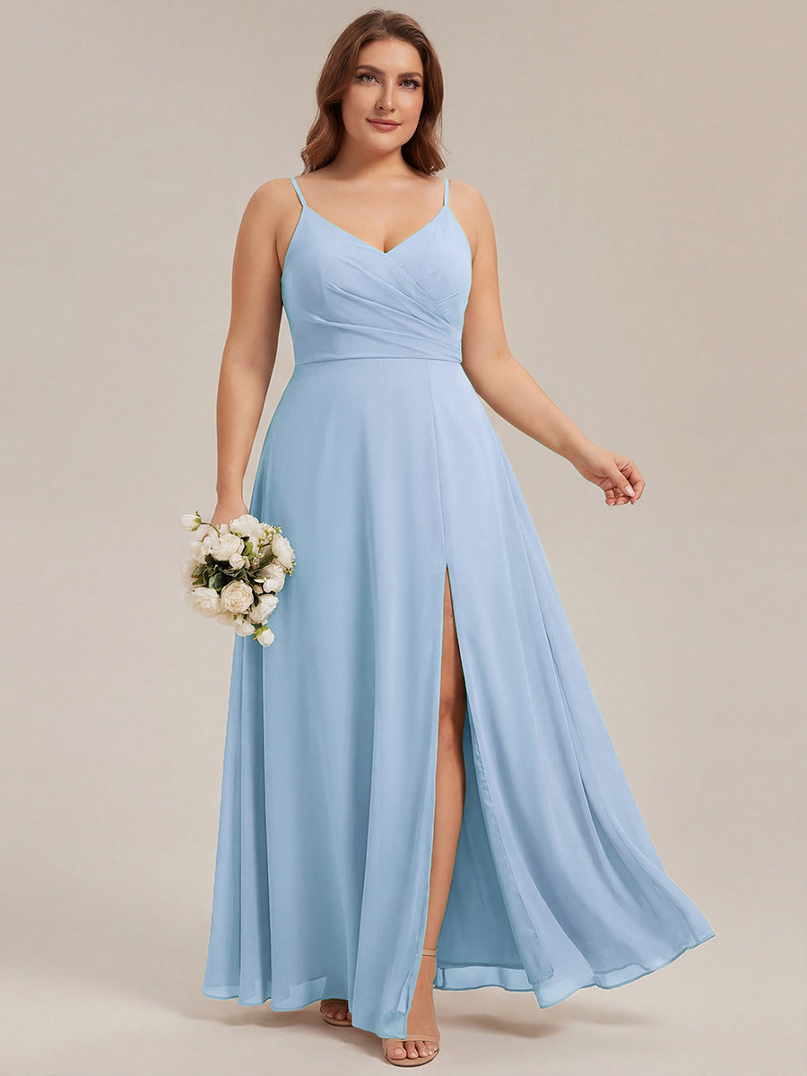 Bodenlanger V-Ausschnitt A-Linie Chiffonkleid Mit Tiefem V-Ausschnitt Und Gerafften Details Kleid #Farbe_Eisblau