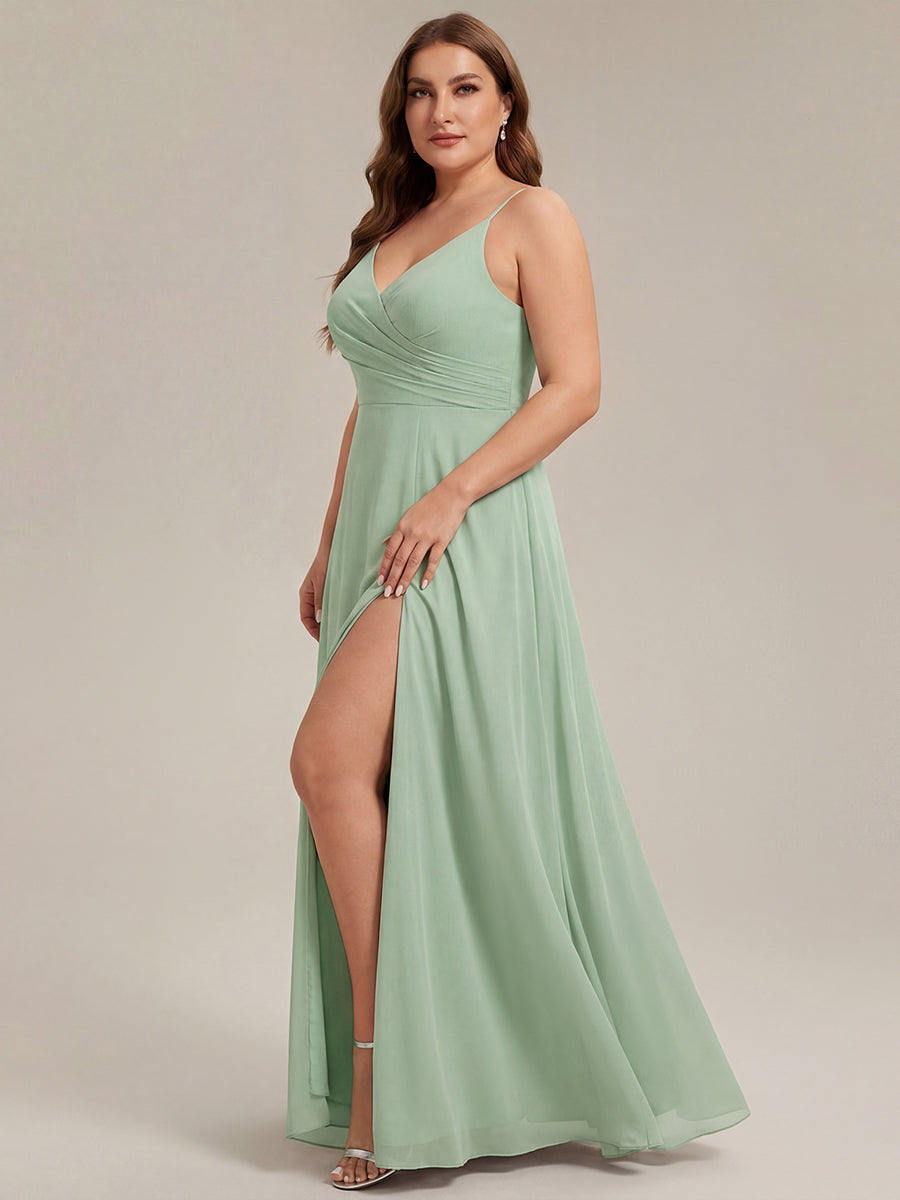 Bodenlanger V-Ausschnitt A-Linie Chiffonkleid Mit Tiefem V-Ausschnitt Und Gerafften Details Kleid #Farbe_Mintgrün